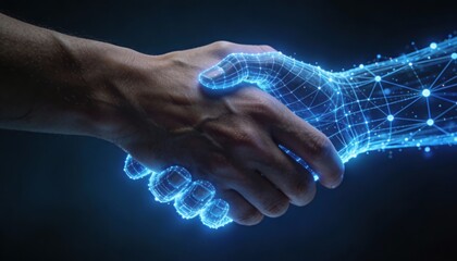 Human hand shaking a digital wireframe hand, symbolizing AI and technology integration