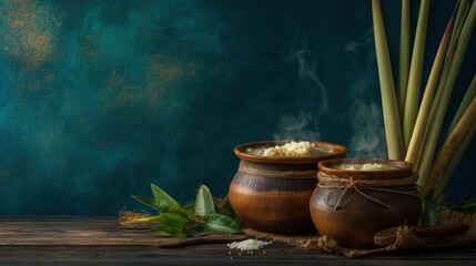 Pongal clay pots with rice milk