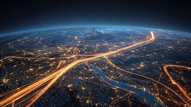 Aerial view of Earth at night with city lights and glowing streaks representing data flow