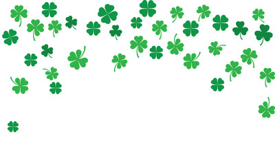 Falling green shamrocks and four-leaf clovers isolated on white background. St. Patrick's Day pattern for Irish holiday banners, greeting cards, luck concepts, and spring nature designs. © bibin
