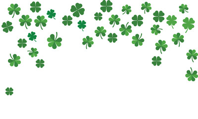 Falling green shamrocks and four-leaf clovers isolated on white background. St. Patrick's Day pattern for Irish holiday banners, greeting cards, luck concepts, and spring nature designs.