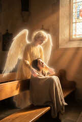 Angel comforting a woman in a church with sunlight streaming through windows  