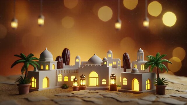 Serene white mosque model with warm lantern lights in desert landscape