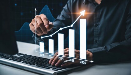 Businessman analyzing financial growth chart with upward trend and data visualization