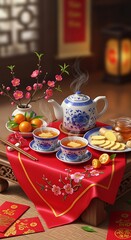 A beautiful traditional Chinese tea ceremony setup featuring ginger tea, oranges, and plum blossoms for celebration.