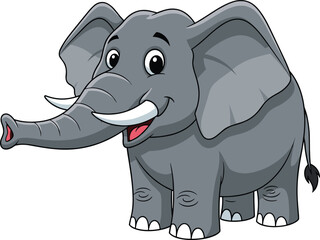 Obraz premium Cartoon elephant with big ears, smiling face, long trunk, white tusks, friendly gray animal for kids - flat vector illustration