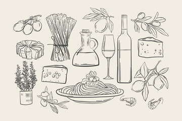Obraz premium Pasta and spaghetti with cheese and olives hand drawn set, Doodle collection Italian food cheese and wine, Mediterranean delicacies.