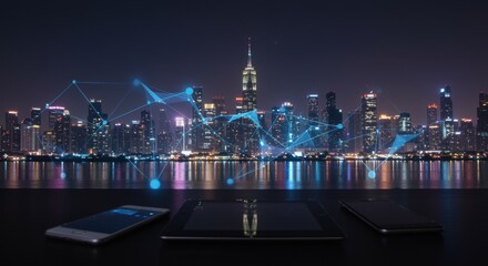 Connected city skyline at night with digital network overlay and devices in foreground