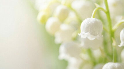 Close-up of delicate white lily of the valley flowers in soft light  