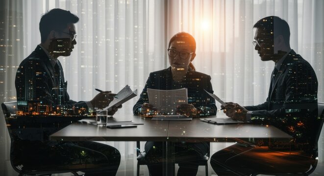 Business professionals in a meeting, overlayed with a vibrant city skyline at night - Powered by Adobe