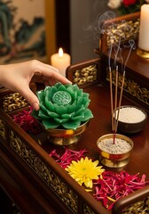 Serene Spiritual Offering with Jade Lotus, Burning Incense, and Candles on a Traditional Altar