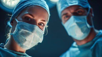 Two focused surgeons wearing medical masks and surgical caps preparing for an operation under bright surgical lights in a hospital setting