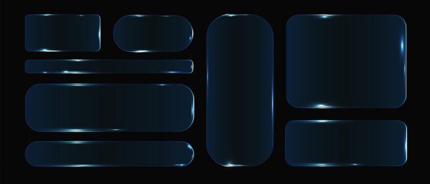 Neon glass frame collection with luminescent geometric elements, Set of frames and design UI UX elements in the style of liquid glass. Rectangular frosted glass elements.