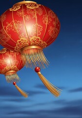 Two Vibrant Red Chinese Lanterns Adorned with Intricate Gold Patterns at Night