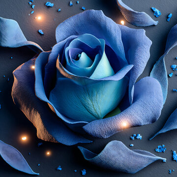 A Close-Up Macro View of a Textured Blue Rose with Intricate Petal Folds and Subtle Color Gradients Surrounded by Scattered Blue Petals and Small Glowing Lights Creating an Abstract and Dreamlike