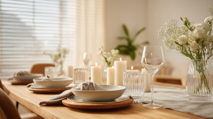 Elegant table setting with white flowers and lit candles on a wooden dining table in a bright room with sunlight filtering through blinds for a romantic dinner or a cozy festive celebration at home