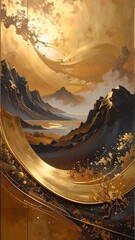Golden landscape; mountains framing a river, a curved golden band accents the scene, with a sunny sky