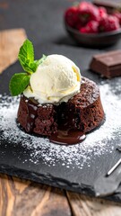 Rich chocolate lava cake, topped with vanilla ice cream and mint, sits on a black slate board