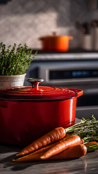 A modern, rustic-style kitchen with red enamelware pots and lids
