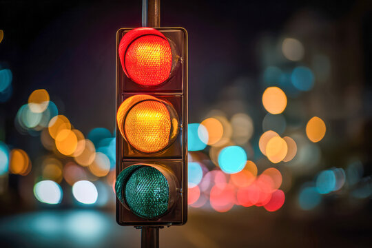 Traffic signal glowing red and amber lights prominently against a blurred urban nighttime background with colorful city lights creating a vibrant bokeh effect