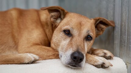 Obraz premium Close-up of a dog lying on a white blanket. the dog appears to be a medium-sized breed with brown fur and a black nose.