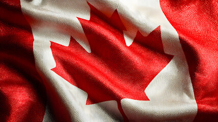 Close up of Canadian flag with red maple leaf on white and red background