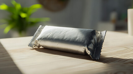Close up of silver foil wrapped rectangular on wooden table