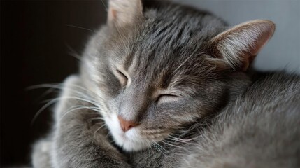 Close-up of a gray cat sleeping peacefully. the cat's eyes are closed and its head is resting on its front paws. its fur is soft and fluffy, and its ears are perked up.