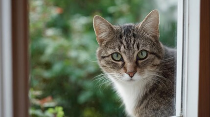 Close-up of a cat's face peeking out of a window. the cat is a tabby with gray and white fur, and its eyes are a bright green color.