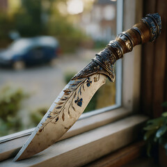 Ornate Dagger with Floral Engravings Leaning Against a Window Frame with Blurred Outdoor Scenery decorative