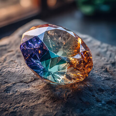 Multifaceted Gemstone with Rainbow Hues Resting on a Textured Stone Surface vibrant 31394670cf3b abstract