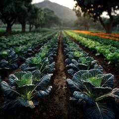 Rows of lush green cabbage plants growing in a fertile farm field under soft morning light, with distant trees and a hazy mountain providing a natural backdrop to the agricultural landscape and