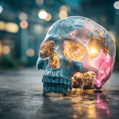 A translucent crystalline human skull with internal glowing golden and pink light effects rests on a wet textured surface with blurred bokeh lights in the background creating a futuristic and