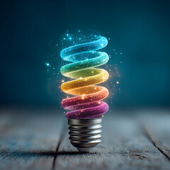 A vibrant spiral fluorescent light bulb emits a magical rainbow spectrum of colors with sparkling glitter and glowing particles against a dark teal background and weathered wooden planks