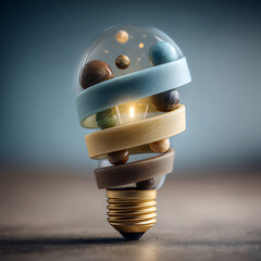 A conceptual light bulb structure showcases a miniature solar system with small spherical planets orbiting within a transparent dome and a spiral of wooden and blue bands, resting on a textured