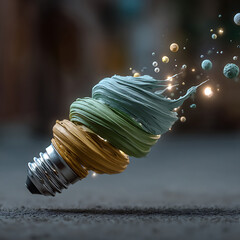 A light bulb base is adorned with swirling brushstrokes of thick paint in shades of gold, green, and blue, with small glowing orbs and particles emanating from it against a blurred urban