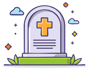 Obraz premium Illustrated tombstone with cross symbol and floating elements. Vector illustration of a cemetery design.