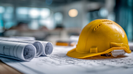 Yellow safety helmet and rolled architectural blueprints placed on a wooden table in a modern construction office with blurred background lighting and equipment