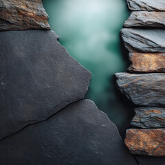 Abstract Composition of Layered Slate and Stone Textures with a Softly Blurred Teal Green Background Creating Depth and Contrast