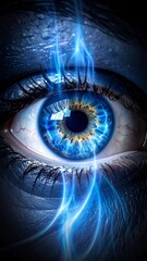 Close-up of a bright blue eye with ethereal blue light emanating from it, set against a dark, textured skin backdrop