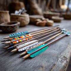 Collection of handcrafted arrows with intricately decorated fletching in various vibrant colors and natural like feathers and beads resting on a rustic wooden table with blurred background of