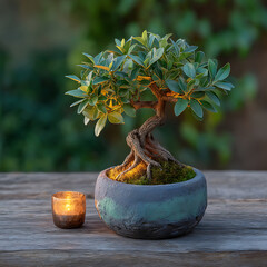 A small, gnarled bonsai tree in a textured gray and green pot sits on a weathered wooden surface next to a glowing glass votive candle holder with a soft bokeh background of green foliage and warm
