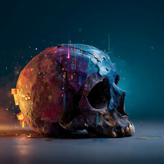 A textured, weathered human skull is illuminated with vibrant, fragmented digital light in shades of blue, pink, and orange, with glowing geometric shapes and lines emanating from it against a