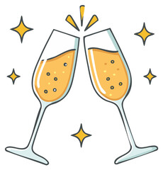 Hand drawn cartoon illustration of two champagne glasses toasting for a festive celebration