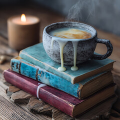 A steaming cup of coffee or milk with cream drizzling down the sides sits atop a stack of three vintage, worn books with colorful covers, beside a lit candle on a rustic wooden surface, creating a