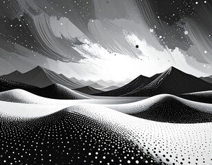 Grayscale landscape dotted hills under swirling clouds meet distant mountains with a bright horizon