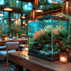A vibrant and detailed close-up of a modern, compact aquarium filled with clear blue water, lush green and red aquatic plants, and small colorful fish, situated on a rustic wooden table in a dimly
