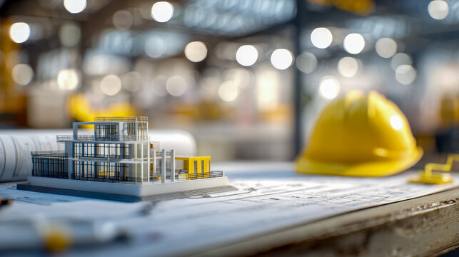 Architectural model of a modern building resting on blueprints with an industrial workspace and safety helmet blurred in the background, capturing design and constru - Powered by Adobe