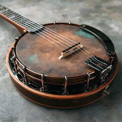 A detailed, close-up view of a vintage-style banjo, showcasing its round wooden body with a weathered, textured surface, polished metal hardware, and six strings stretched over the bridge and