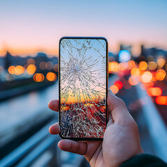 Hand holding a smartphone with a severely cracked screen displaying a blurred sunset cityscape with bokeh lights in the background symbolizing damage and destruction Keywords: hand, holding